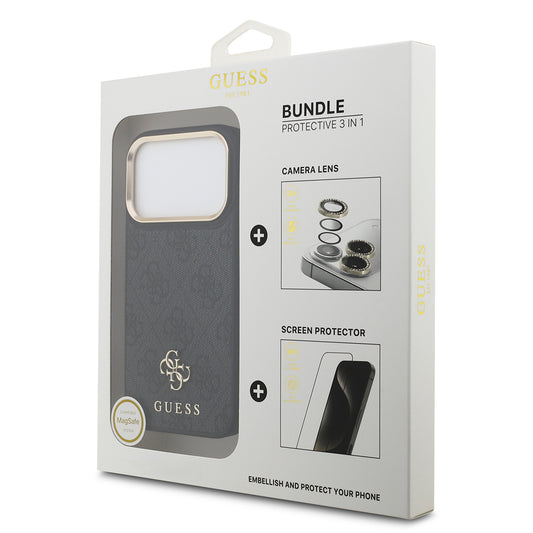 Apple iPhone 17 Pro Guess Orjinal Lisanslı 4G ve Yazı Logolu Kılıf + Ekran Koruyucu + Lens Koruyucu 3in1 Aksesuar Seti Kahverengi