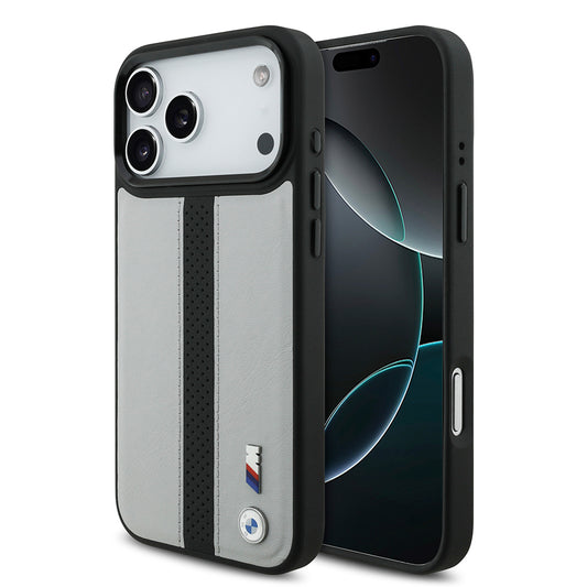 Apple iPhone 17 Pro Kılıf BMW Orjinal Lisanslı M-safe Şarj Özellikli Deri Arka Yüzey Metal Logolu Delikli Şerit Tasarımlı Kapak Lacivert
