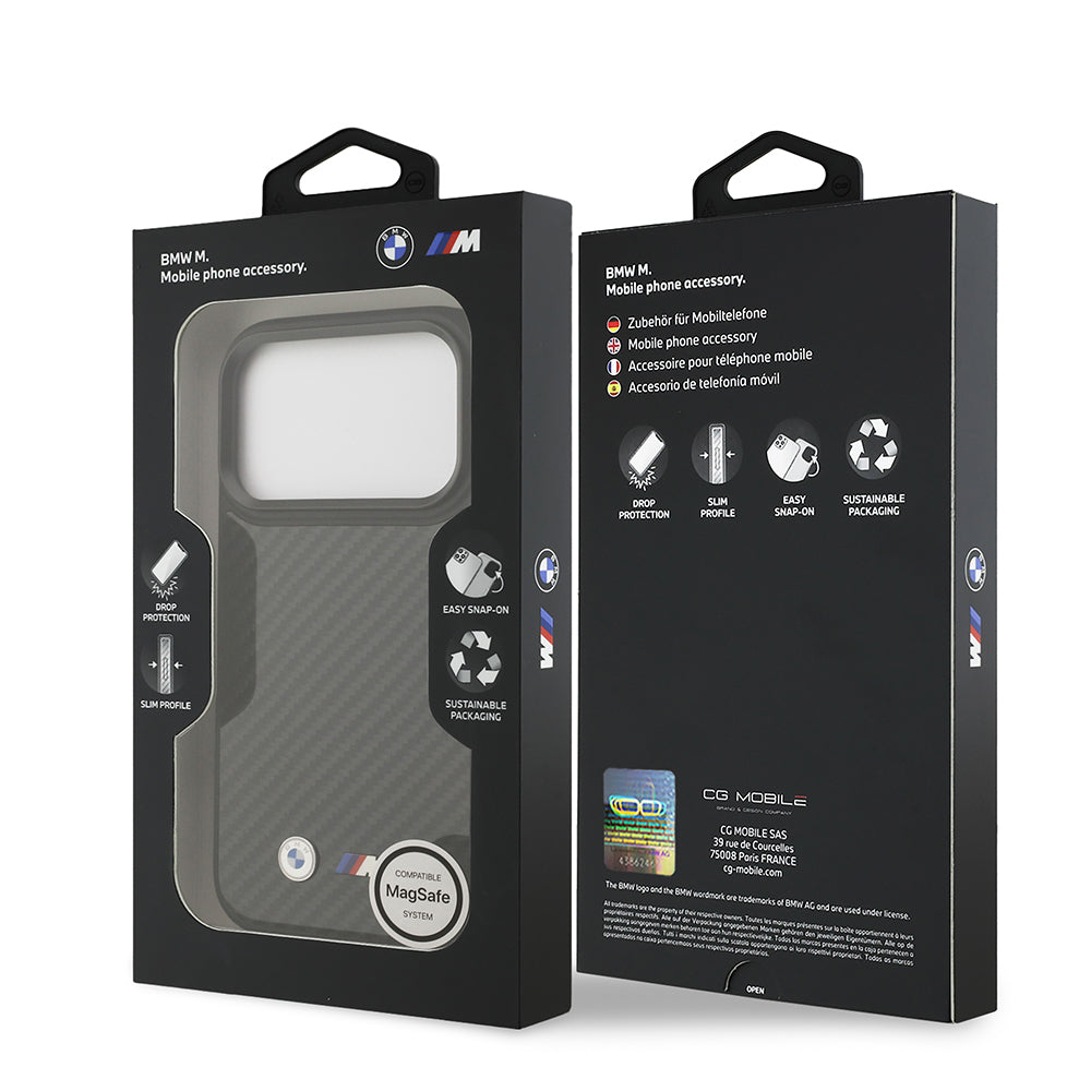 Apple iPhone 17 Pro Kılıf BMW Orjinal Lisanslı M-safe Şarj Özellikli Karbon Fiber Metal Logolu Kevlar Kapak Siyah