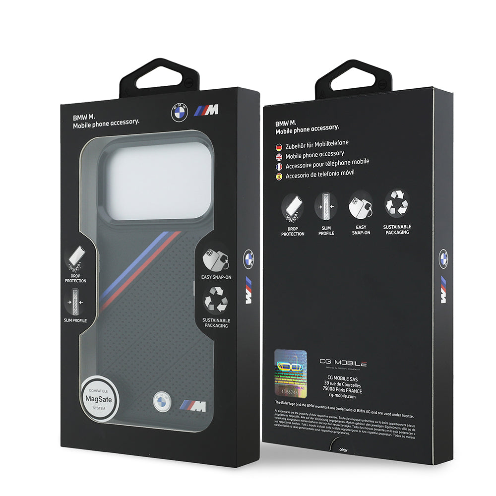 Apple iPhone 17 Pro Kılıf BMW Orjinal Lisanslı M-safe Şarj Özellikli M Logolu Üç Şeritli Delikli Deri Kapak Gri