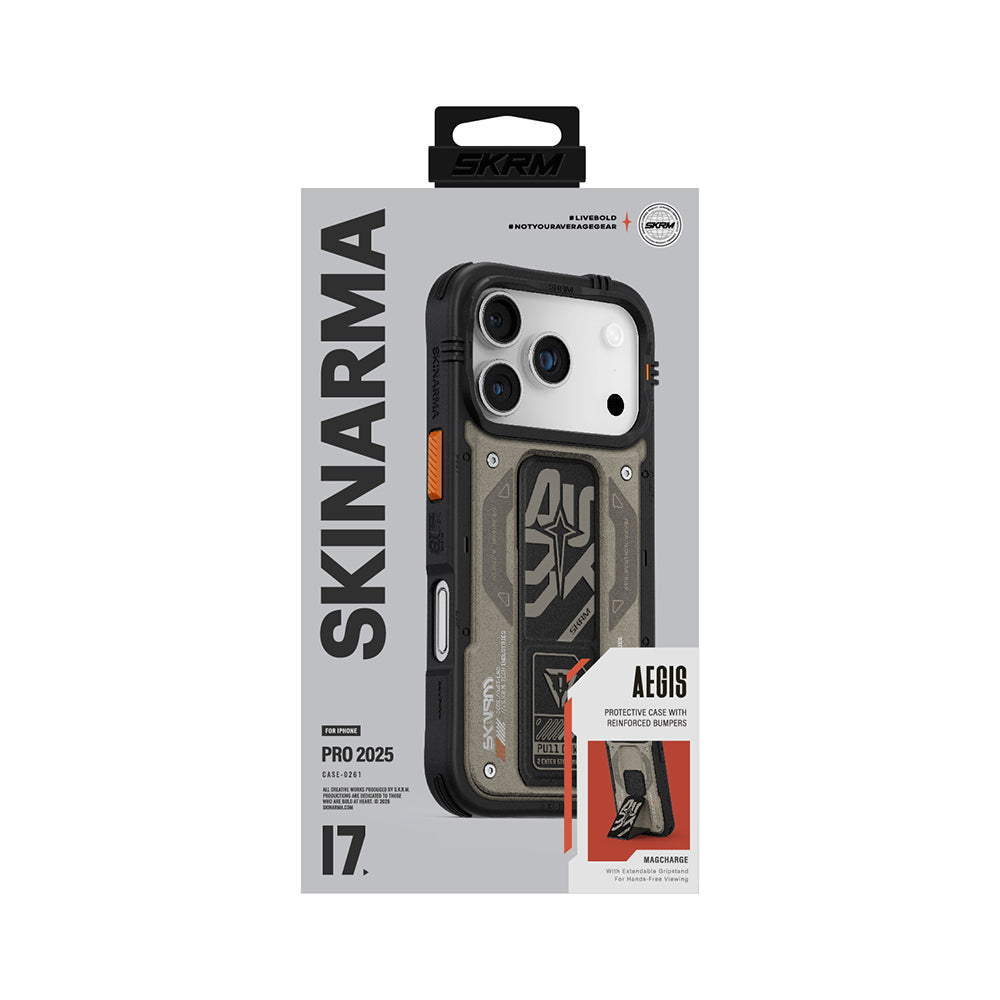 Apple iPhone 17 Pro Kılıf Desenli Airbag Tasarımlı Standlı Skinarma Aegis Kapak Gri