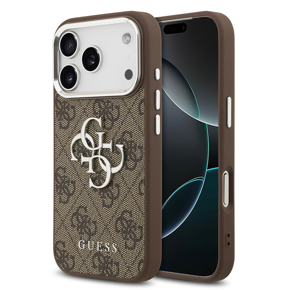Apple iPhone 17 Pro Kılıf Guess Orjinal Lisanslı Gümüş Metal Kamera Çerçeveli 4G Desenli Metal Büyük 4G ve Yazı Logolu Kapak