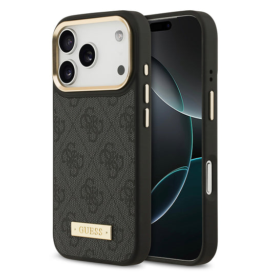 Apple iPhone 17 Pro Kılıf Guess Orjinal Lisanslı M-safe Şarj Özellikli 4G Desenli PU Metal Plaka Klasik Logolu Kapak Siyah