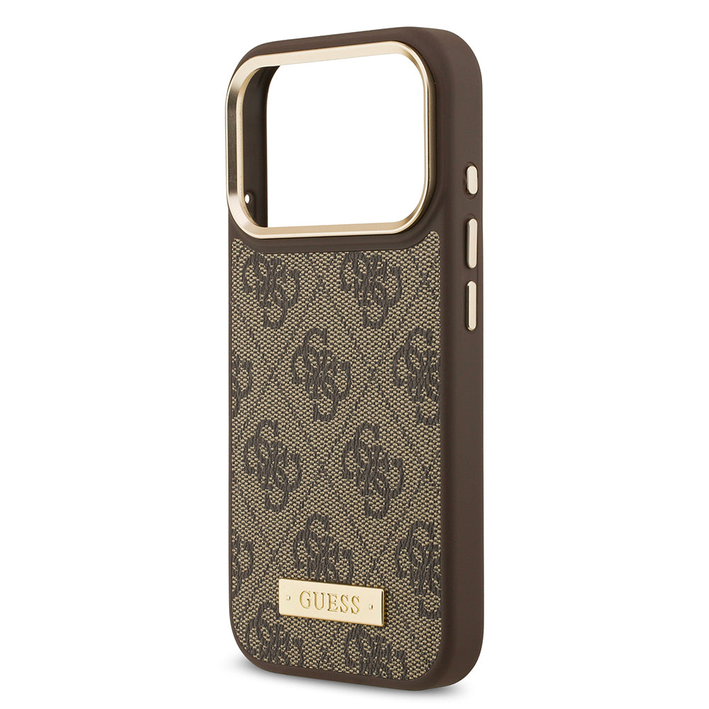 Apple iPhone 17 Pro Kılıf Guess Orjinal Lisanslı M-safe Şarj Özellikli 4G Desenli PU Metal Plaka Klasik Logolu Kapak Pembe