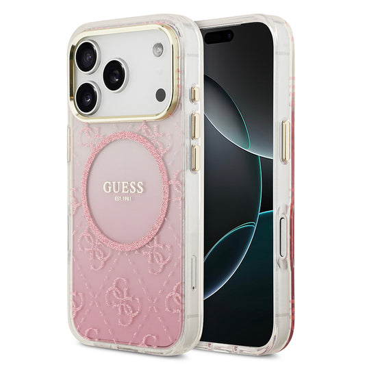 Apple iPhone 17 Pro Kılıf Guess Orjinal Lisanslı M-safe Şarj Özellikli 4G Desenli Simli Silikon Kapak Mor