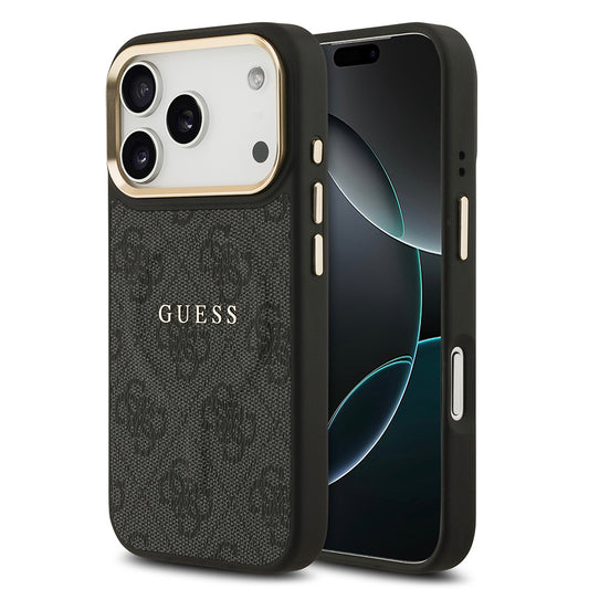 Apple iPhone 17 Pro Kılıf Guess Orjinal Lisanslı M-safe Şarj Özellikli Gold Metal Kamera Çerçeveli PU Deri 4G Desenli Yazı Logolu Kapak