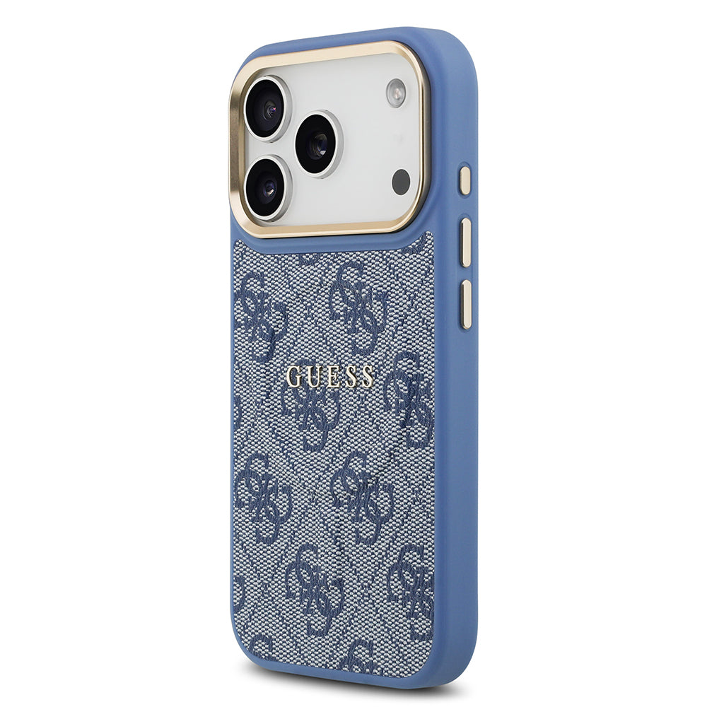 Apple iPhone 17 Pro Kılıf Guess Orjinal Lisanslı M-safe Şarj Özellikli Gold Metal Kamera Çerçeveli PU Deri 4G Desenli Yazı Logolu Kapak Mavi