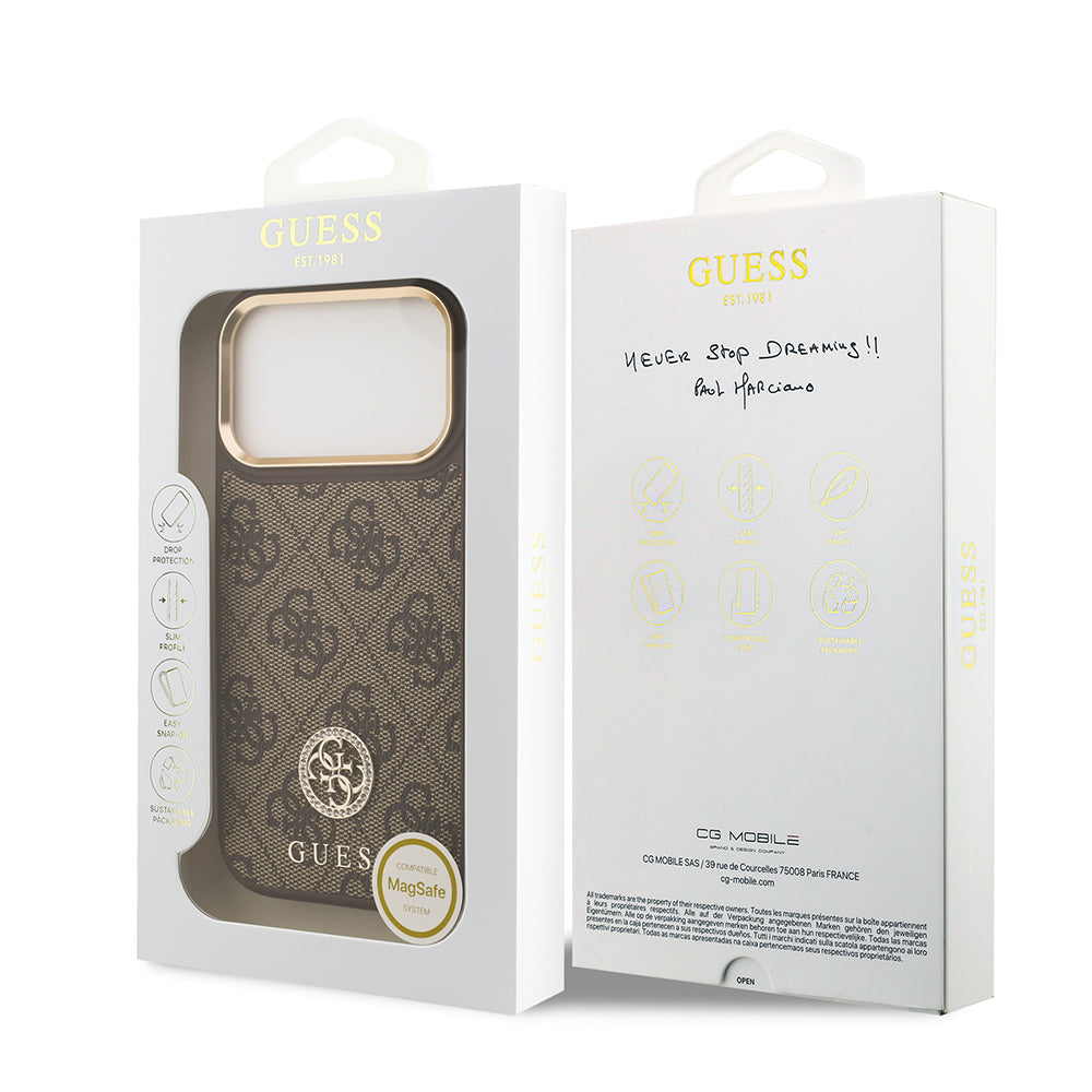 Apple iPhone 17 Pro Kılıf Guess Orjinal Lisanslı M-safe Şarj Özellikli Gold Metal Kamera Çerçeveli Taşlı 4G Logolu Kapak Pembe