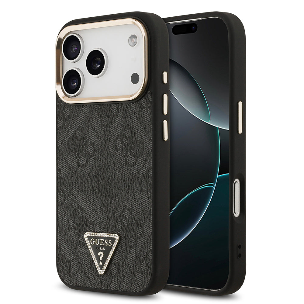 Apple iPhone 17 Pro Kılıf Guess Orjinal Lisanslı M-safe Şarj Özellikli Gold Metal Kamera Çerçeveli Taşlı Üçgen Logo 4G Desenli Kapak