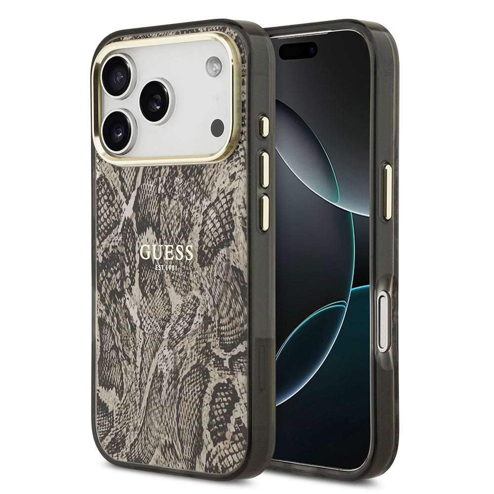 Apple iPhone 17 Pro Kılıf Guess Orjinal Lisanslı M-safe Şarj Özellikli Yazı Logolu Python Desenli Kapak