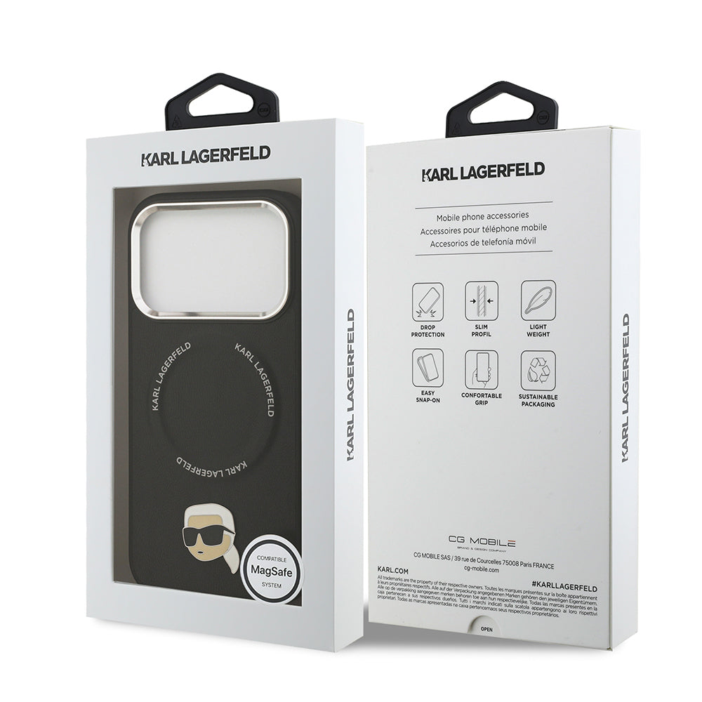 Apple iPhone 17 Pro Kılıf Karl Lagerfeld Orjinal Lisanslı M-safe Şarj Özellikli Metal Kamera ve Buton Tasarımlı Karl PU Deri Kapak Siyah