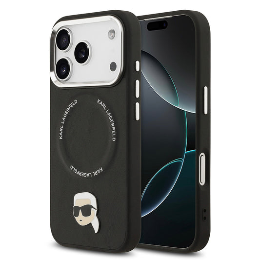 Apple iPhone 17 Pro Kılıf Karl Lagerfeld Orjinal Lisanslı M-safe Şarj Özellikli Metal Kamera ve Buton Tasarımlı Karl PU Deri Kapak