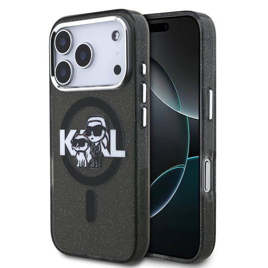 Apple iPhone 17 Pro Kılıf Karl Lagerfeld Orjinal Lisanslı Parlayan Simli Karl & Choupette Sketch Logo Kapak Siyah