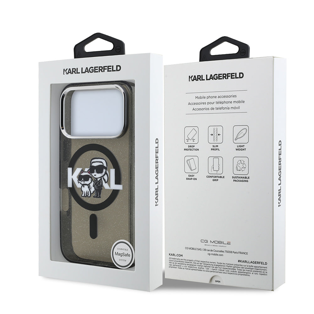 Apple iPhone 17 Pro Kılıf Karl Lagerfeld Orjinal Lisanslı Parlayan Simli Karl & Choupette Sketch Logo Kapak Siyah
