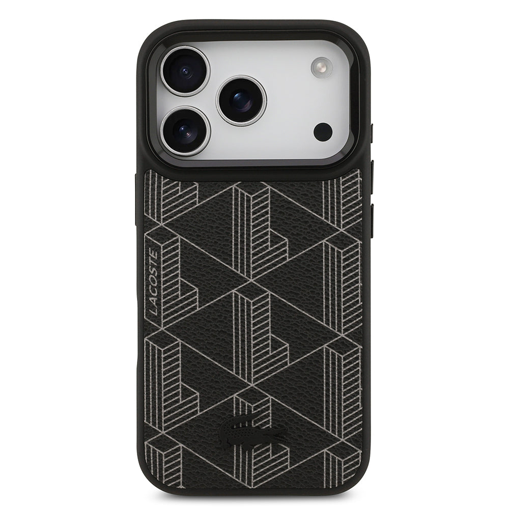 Apple iPhone 17 Pro Kılıf Lacoste Orjinal Lisanslı M-safe Şarj Özellikli Standlı PU Deri Karışık Monogram Desenli Kapak Siyah