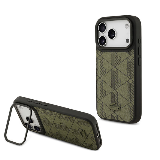 Apple iPhone 17 Pro Kılıf Lacoste Orjinal Lisanslı M-safe Şarj Özellikli Standlı PU Deri Karışık Monogram Desenli Kapak Yeşil