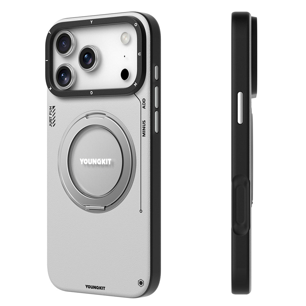 Apple iPhone 17 Pro Kılıf M-safe Şarj Özellikli 360 Derece Standlı Basit Mat Deri Desenli Youngkit Tech Leather Serisi Kapak Gri