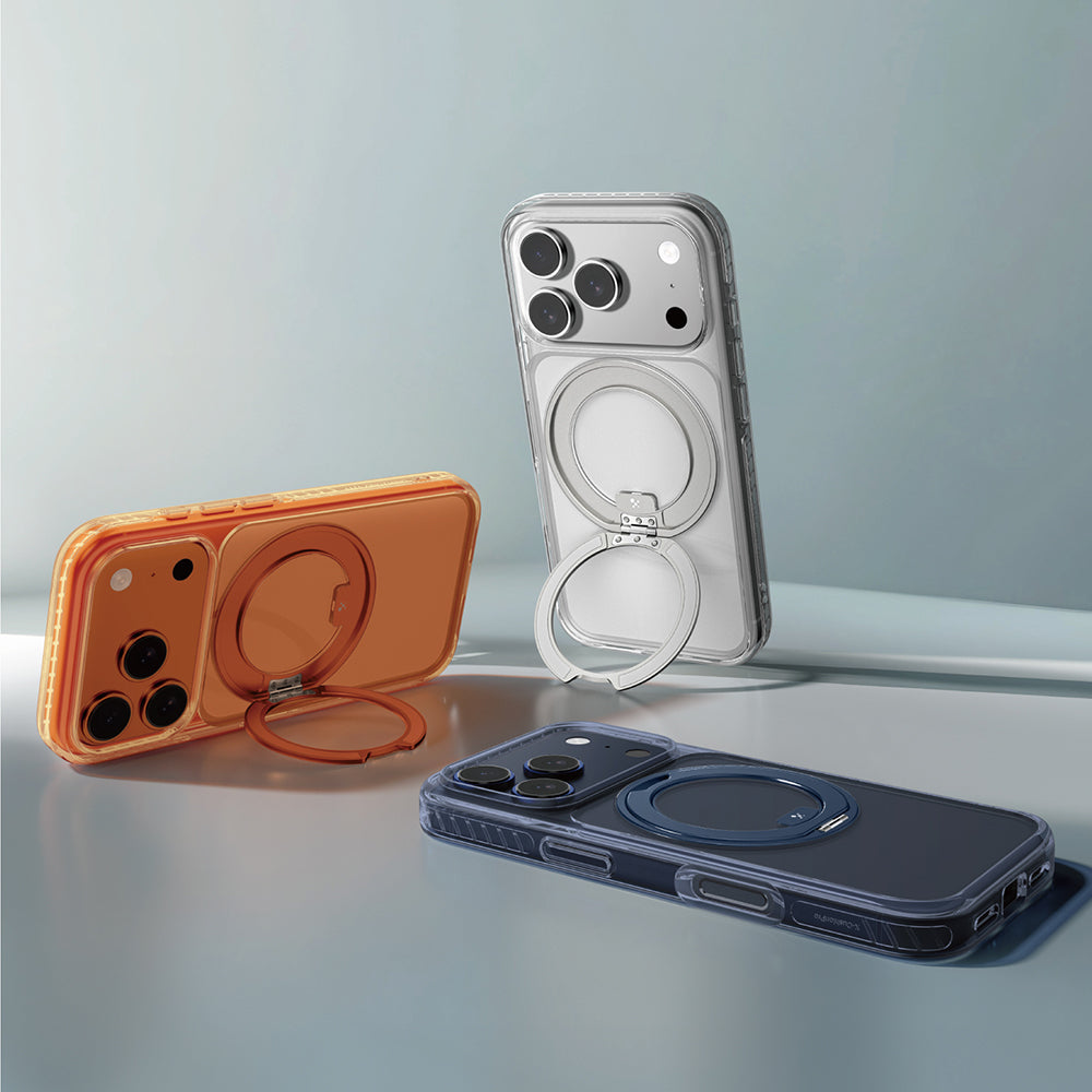 Apple iPhone 17 Pro Kılıf M-Safe Şarj Özellikli Airbag Tasarımlı Standlı AmazingThing Titan Pro MagSpin Kapak Şeffaf
