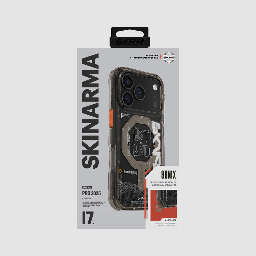 Apple iPhone 17 Pro Kılıf Skinarma M-safe Şarj Özellikli Yazı Desenli Airbag Tasarımlı Sonix Kapak Şeffaf