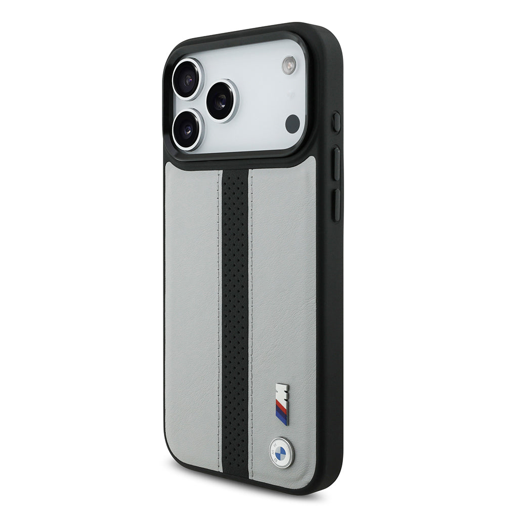 Apple iPhone 17 Pro Max Kılıf BMW Orjinal Lisanslı M-safe Şarj Özellikli Deri Arka Yüzey Metal Logolu Delikli Şerit Tasarımlı Kapak Mavi