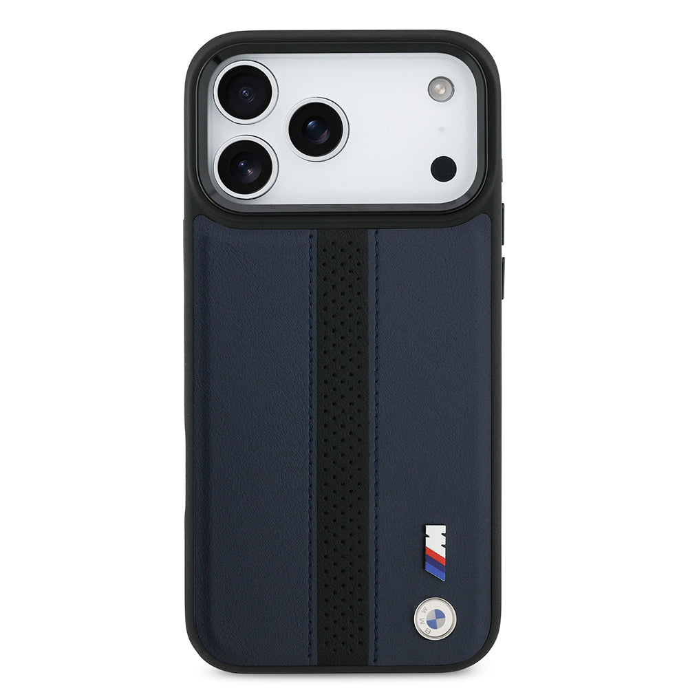 Apple iPhone 17 Pro Max Kılıf BMW Orjinal Lisanslı M-safe Şarj Özellikli Deri Arka Yüzey Metal Logolu Delikli Şerit Tasarımlı Kapak Mavi