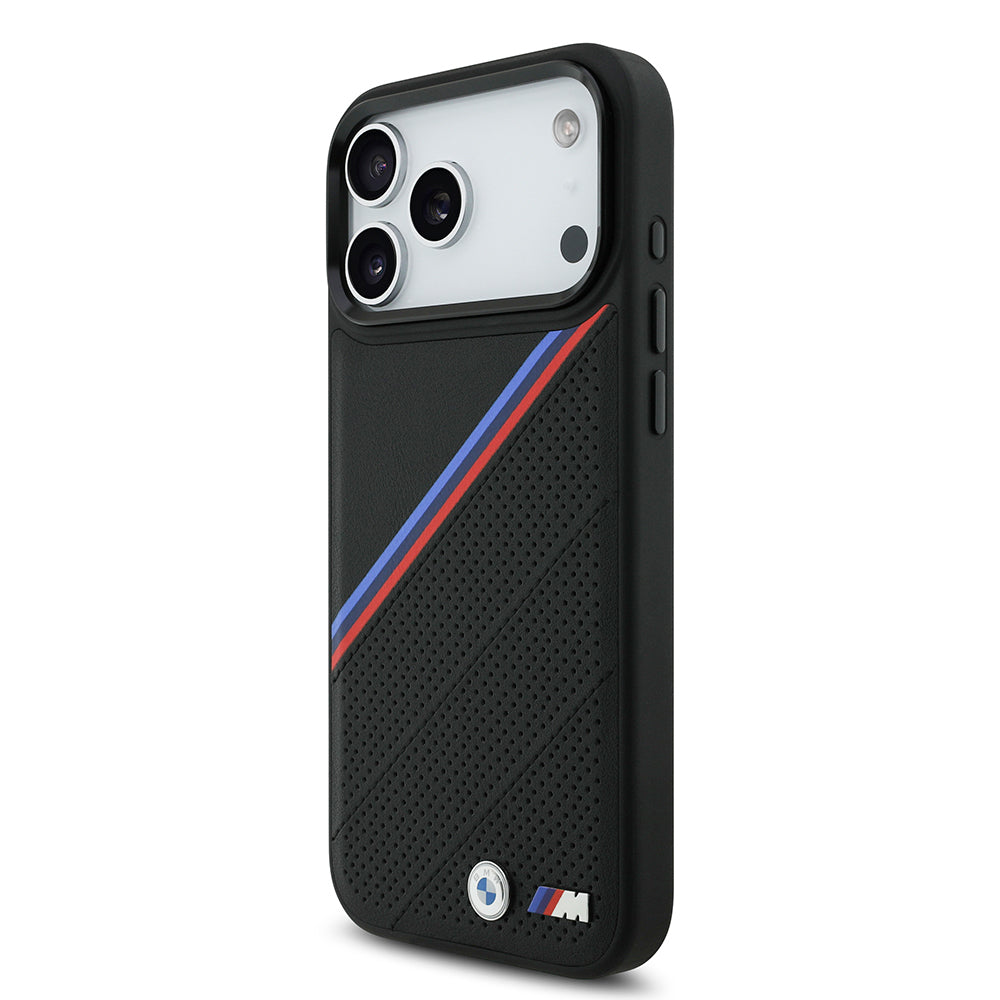 Apple iPhone 17 Pro Max Kılıf BMW Orjinal Lisanslı M-safe Şarj Özellikli M Logolu Üç Şeritli Delikli Deri Kapak Gri
