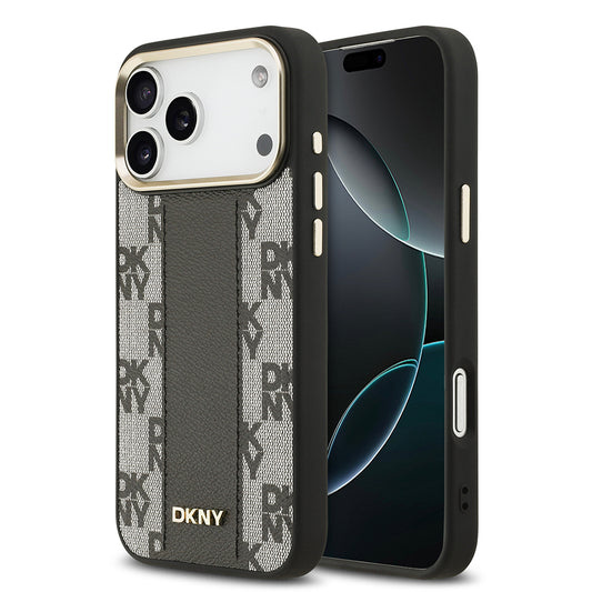 Apple iPhone 17 Pro Max Kılıf DKNY Orjinal Lisanslı M-safe Şarj Özellikli 3D Yazılı Checkered Pattern Kapak Bej