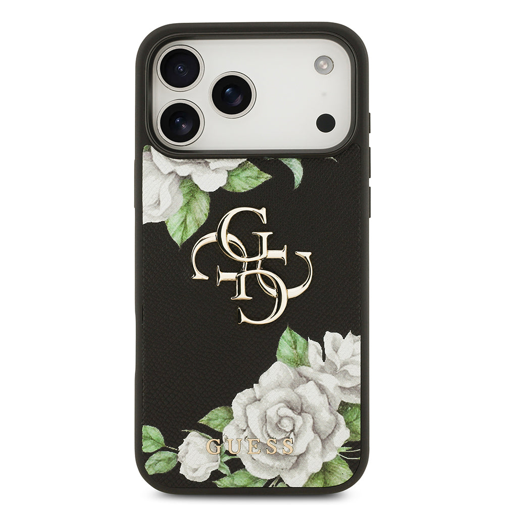 Apple iPhone 17 Pro Max Kılıf Guess Orjinal Lisanslı Gül Baskılı Büyük Metal Logo Dizaynlı Kapak Siyah
