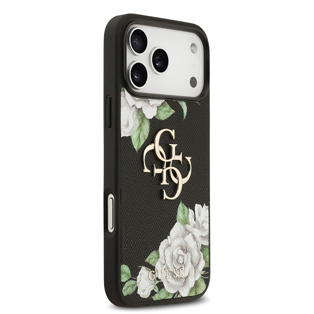 Apple iPhone 17 Pro Max Kılıf Guess Orjinal Lisanslı Gül Baskılı Büyük Metal Logo Dizaynlı Kapak Siyah