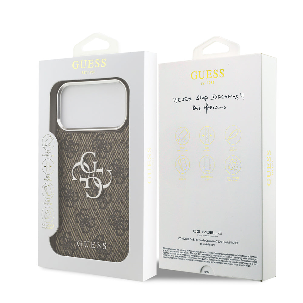 Apple iPhone 17 Pro Max Kılıf Guess Orjinal Lisanslı Gümüş Metal Kamera Çerçeveli 4G Desenli Metal Büyük 4G ve Yazı Logolu Kapak Siyah