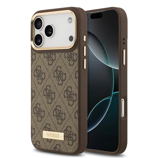 Apple iPhone 17 Pro Max Kılıf Guess Orjinal Lisanslı M-safe Şarj Özellikli 4G Desenli PU Metal Plaka Klasik Logolu Kapak Siyah