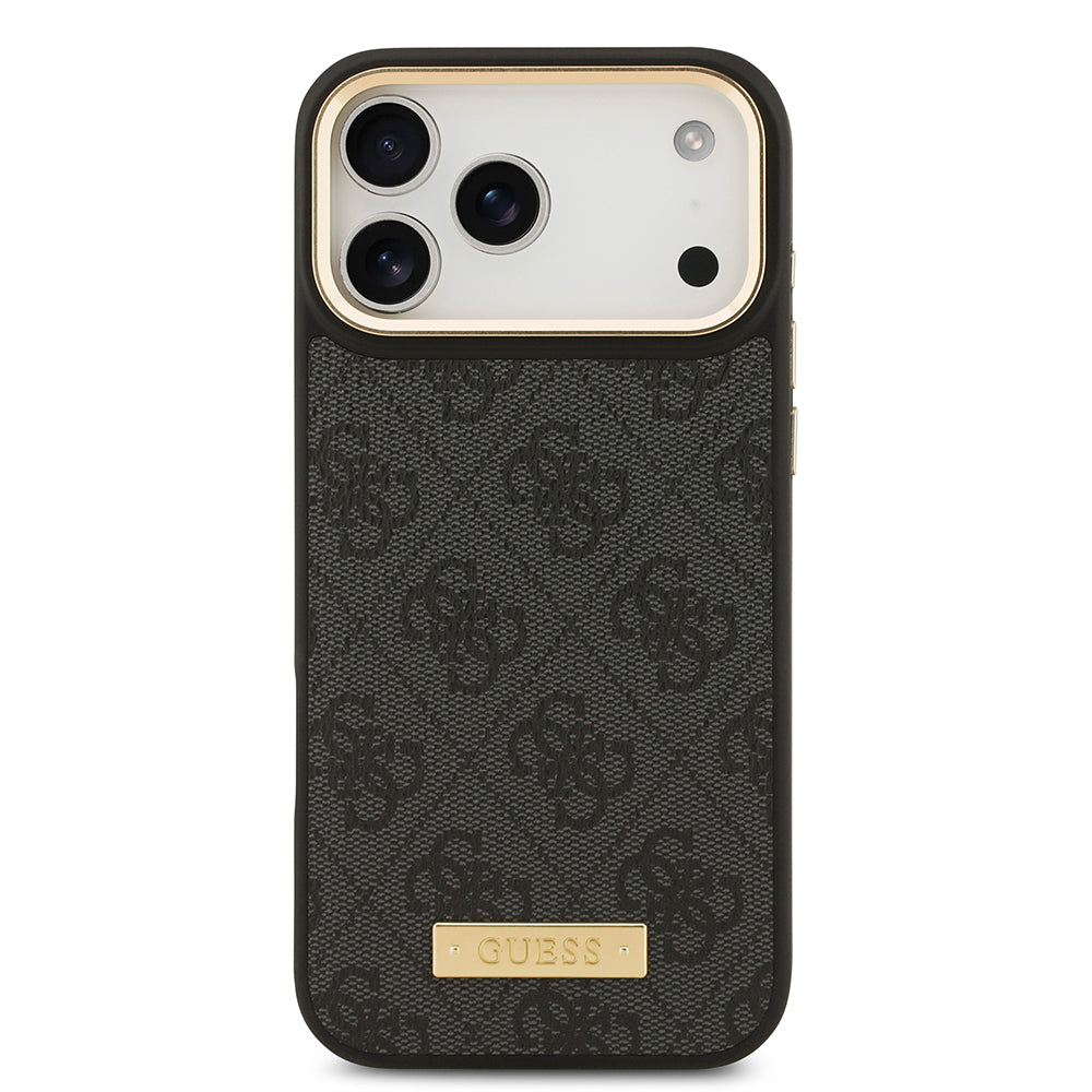 Apple iPhone 17 Pro Max Kılıf Guess Orjinal Lisanslı M-safe Şarj Özellikli 4G Desenli PU Metal Plaka Klasik Logolu Kapak Kahverengi