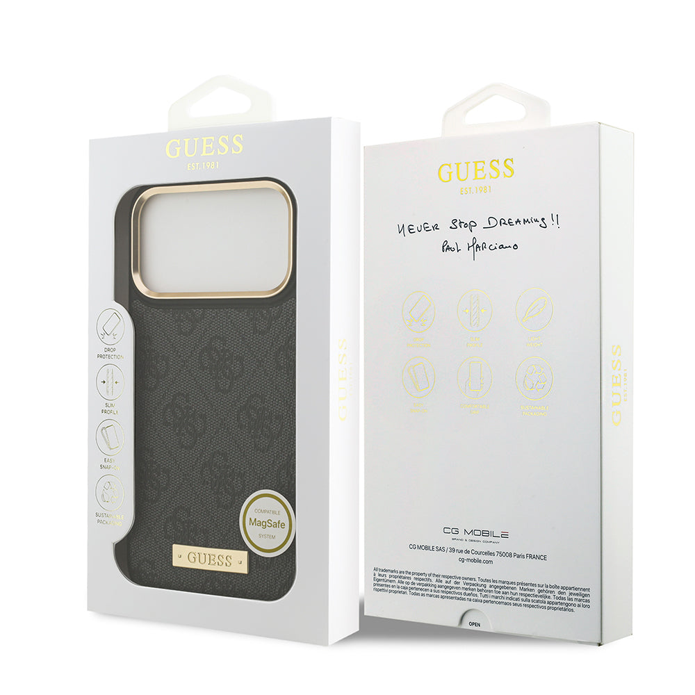 Apple iPhone 17 Pro Max Kılıf Guess Orjinal Lisanslı M-safe Şarj Özellikli 4G Desenli PU Metal Plaka Klasik Logolu Kapak Kahverengi