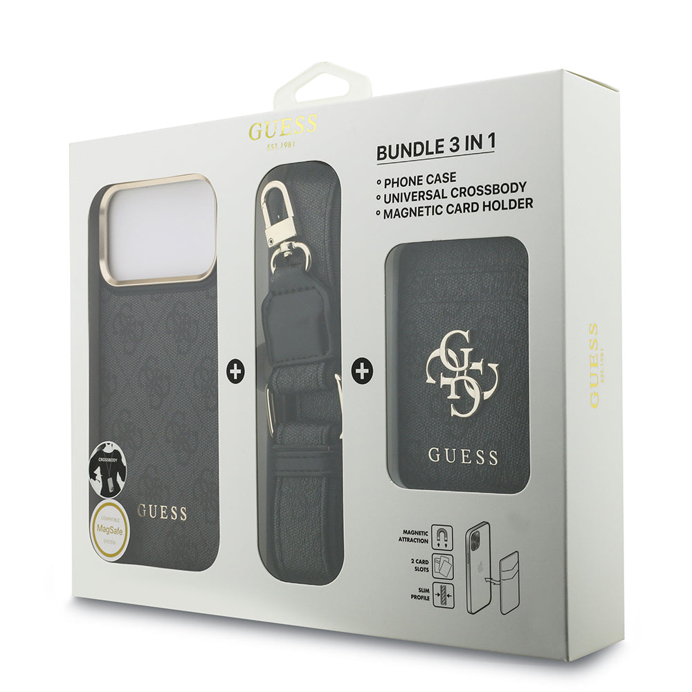 Apple iPhone 17 Pro Max Kılıf Guess Orjinal Lisanslı M-safe Şarj Özellikli Askılı ve 4G Logo Kartlıklı Kapak Kahverengi