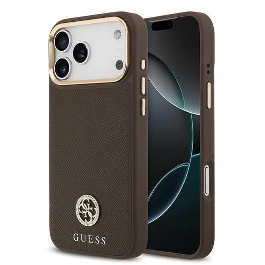 Apple iPhone 17 Pro Max Kılıf Guess Orjinal Lisanslı M-safe Şarj Özellikli Grained Yazı ve Taşlı 4G Logolu Kapak Kahverengi