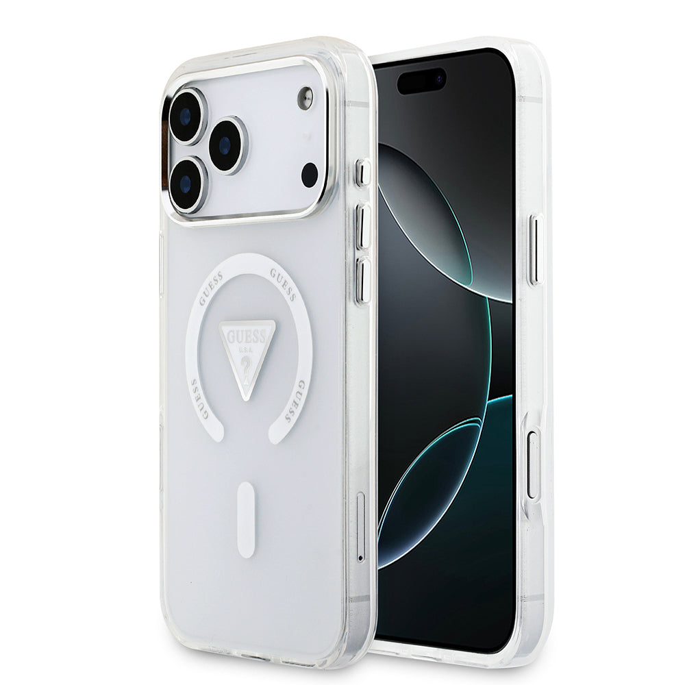 Apple iPhone 17 Pro Max Kılıf Guess Orjinal Lisanslı M-safe Şarj Özellikli IML Baskılı Üçgen Logolu Metal Kamera Çerçeveli Kapak