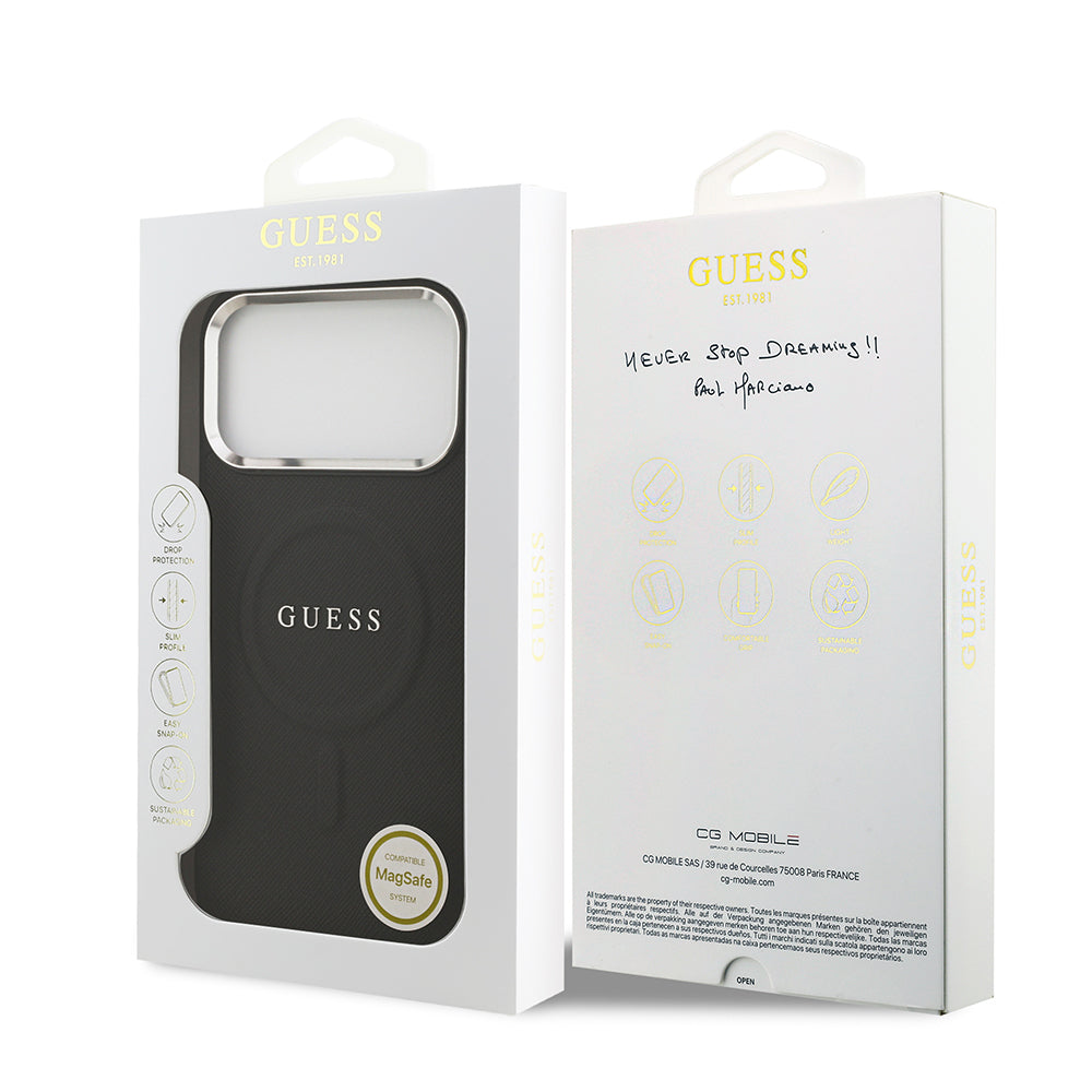 Apple iPhone 17 Pro Max Kılıf Guess Orjinal Lisanslı M-safe Şarj Özellikli Klasik Yazı Logolu PU Deri Kapak Siyah