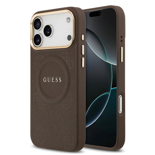 Apple iPhone 17 Pro Max Kılıf Guess Orjinal Lisanslı M-safe Şarj Özellikli Sıcak Baskılı Yazı Logolu PU Deri Peony Kapak Kahverengi