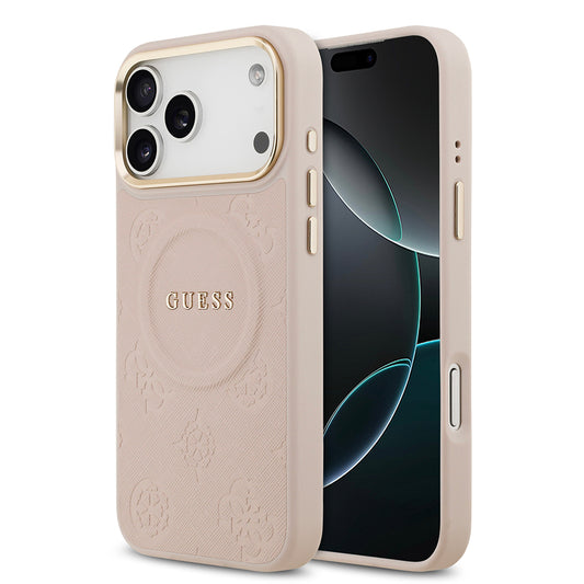 Apple iPhone 17 Pro Max Kılıf Guess Orjinal Lisanslı M-safe Şarj Özellikli Sıcak Baskılı Yazı Logolu PU Deri Peony Kapak Pembe