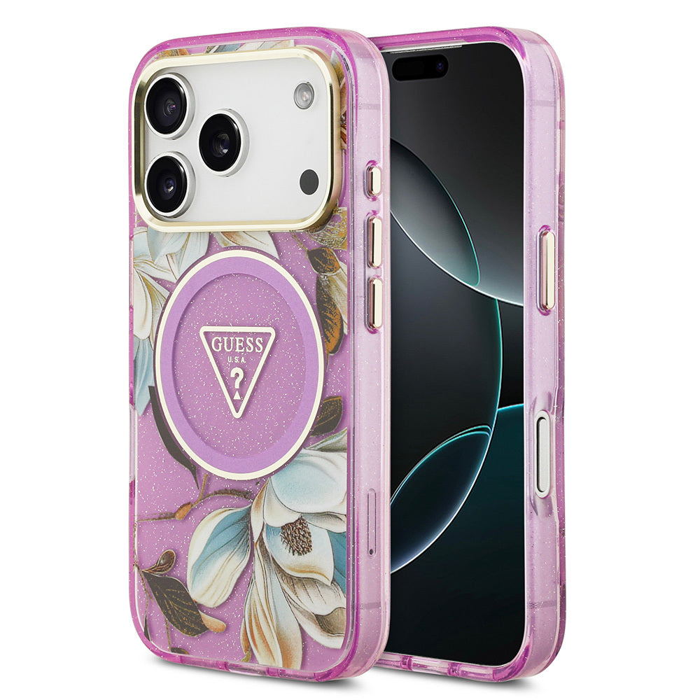 Apple iPhone 17 Pro Max Kılıf Guess Orjinal Lisanslı M-safe Şarj Özellikli Simli Çiçek Desenli Metal Kamera Çerçeveli Üçgen Logolu Kapak