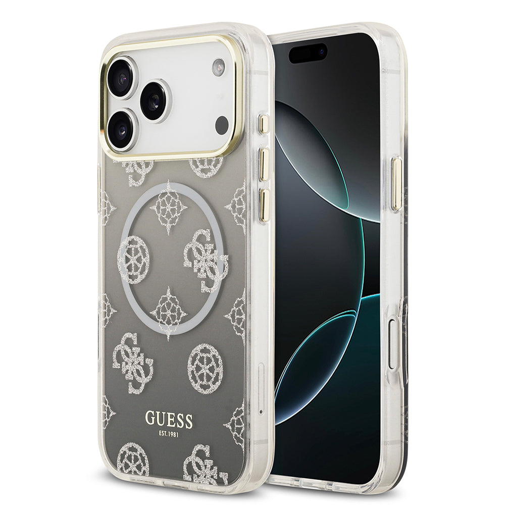 Apple iPhone 17 Pro Max Kılıf Guess Orjinal Lisanslı M-safe Şarj Özellikli Simli Peony Desenli Silikon Kapak