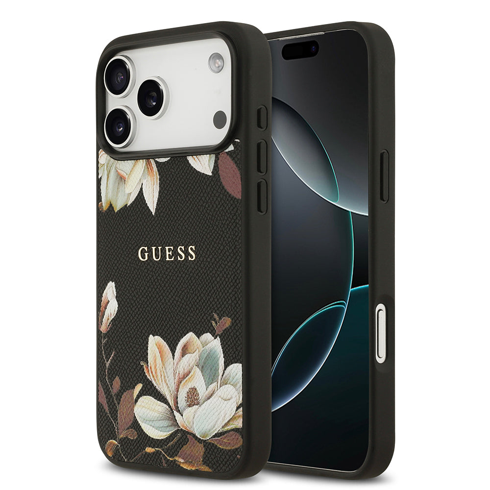 Apple iPhone 17 Pro Max Kılıf Guess Orjinal Lisanslı M-safe Şarj Özellikli Taneli Çiçek Tasarımlı Metal Yazı Logolu Kapak