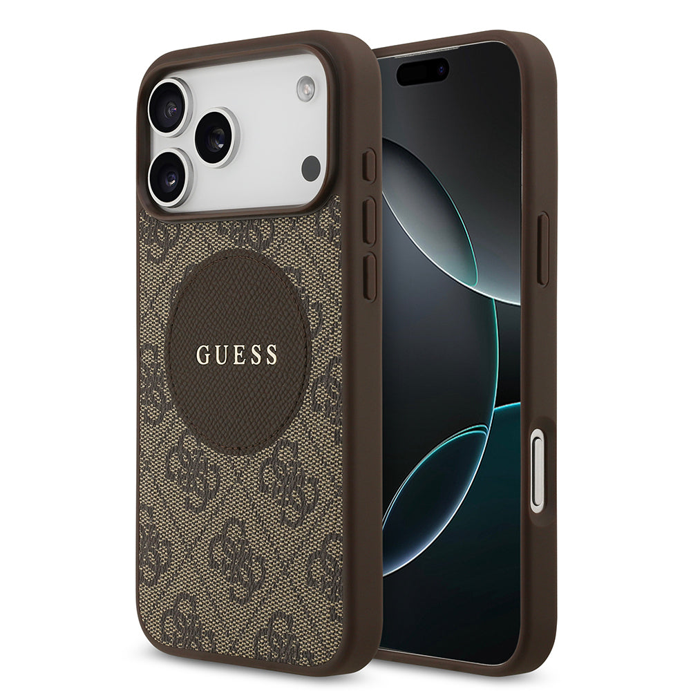 Apple iPhone 17 Pro Max Kılıf Guess Orjinal Lisanslı M-safe Şarj Özellikli Yazı Logolu Circle Classic Kapak Kahverengi