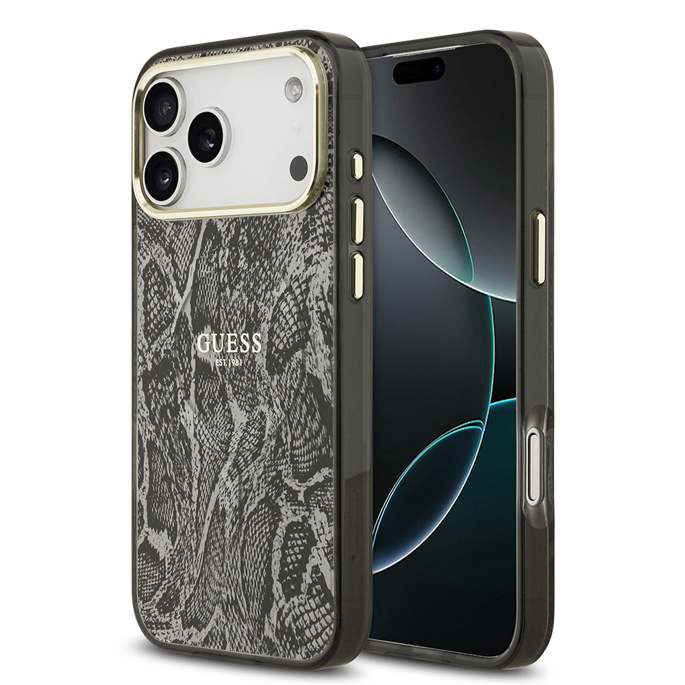 Apple iPhone 17 Pro Max Kılıf Guess Orjinal Lisanslı M-safe Şarj Özellikli Yazı Logolu Python Desenli Kapak