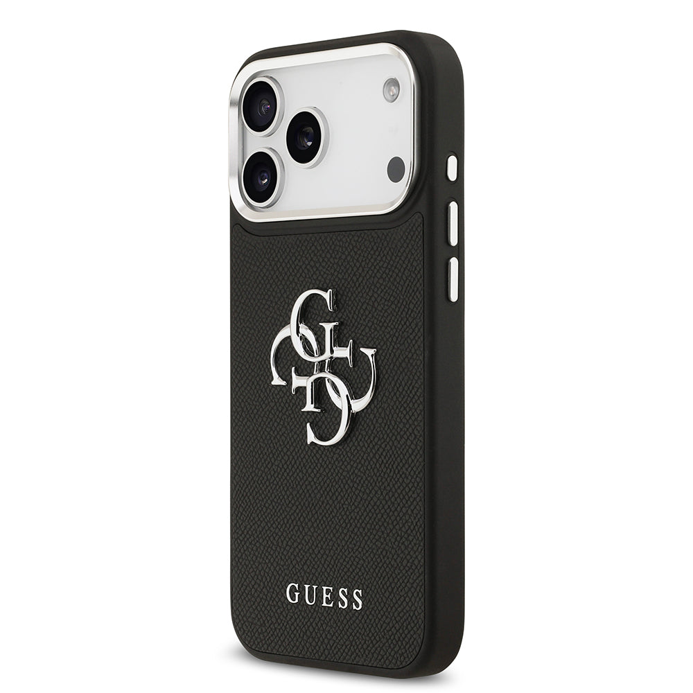 Apple iPhone 17 Pro Max Kılıf Guess Orjinal Lisanslı Metal Kamera Çerçeveli Metal Büyük 4G ve Yazı Logolu PU Deri Kapak Siyah