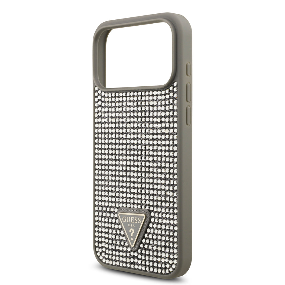 Apple iPhone 17 Pro Max Kılıf Guess Orjinal Lisanslı Taşlı Arka Yüzey Üçgen Logolu Kapak Gümüş