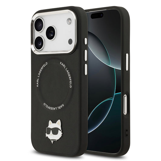 Apple iPhone 17 Pro Max Kılıf Karl Lagerfeld Orjinal Lisanslı M-safe Şarj Özellikli Metal Kamera ve Buton Tasarımlı Choupette PU Deri Kapak