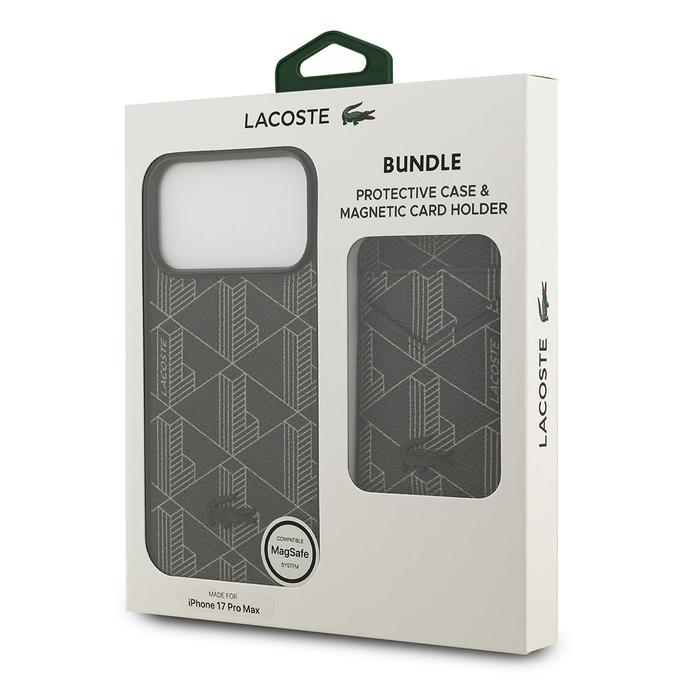 Apple iPhone 17 Pro Max Kılıf Lacoste Orjinal Lisanslı M-safe Şarj Özellikli PU Deri Tasarımlı Kartlıklı Karışık Monogram Desenli Kapak