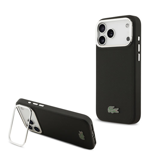 Apple iPhone 17 Pro Max Kılıf Lacoste Orjinal Lisanslı M-safe Şarj Özellikli PU Pike Desenli Standlı Metal Logolu Kapak