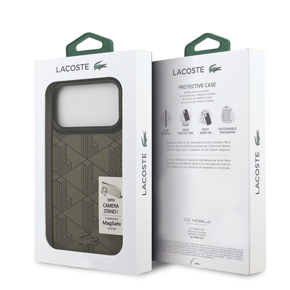 Apple iPhone 17 Pro Max Kılıf Lacoste Orjinal Lisanslı M-safe Şarj Özellikli Standlı PU Deri Karışık Monogram Desenli Kapak